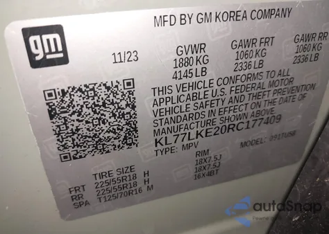 2024 Chevrolet Trax Fwd Activ z USA, uszkodzony, nr VIN KL77LKE20RC177409